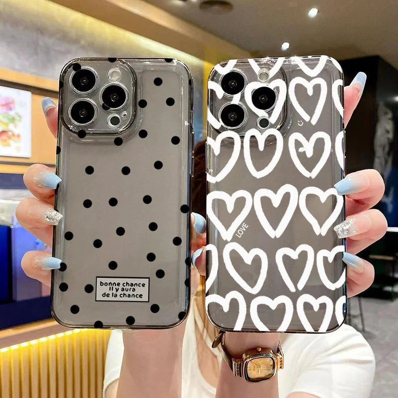 Cute Cartoon Love Heart Phone Case For iPhone 16 17 Air Pro Max 14 12 13 11 15 Case Mini 7 8 Plus Transparent Soft Cover