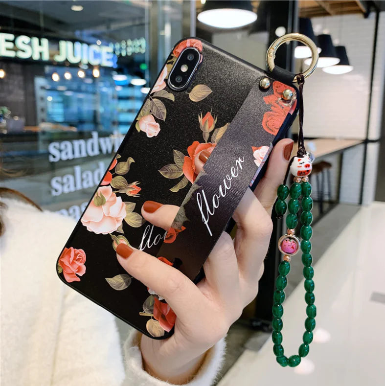 Rose Flowers Wrist Strap Phone Cases for iPhone