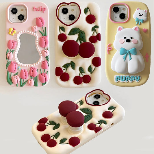3D Cute Tulips Flower Make Up Mirror Soft Silicone Case for iPhone 15 14 13 12 11 Pro Max Folding Bracket Cherry Puppy Dog Cover