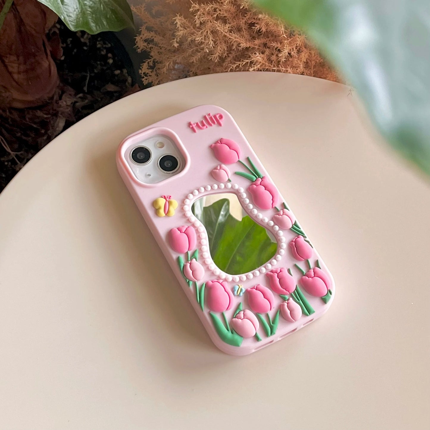 3D Cute Tulips Flower Make Up Mirror Soft Silicone Case for iPhone 15 14 13 12 11 Pro Max Folding Bracket Cherry Puppy Dog Cover