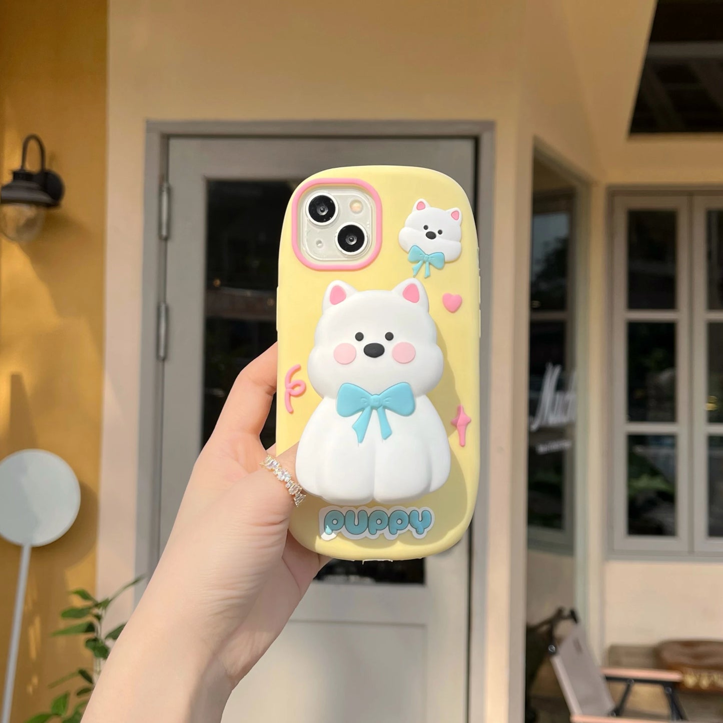 3D Cute Tulips Flower Make Up Mirror Soft Silicone Case for iPhone 15 14 13 12 11 Pro Max Folding Bracket Cherry Puppy Dog Cover