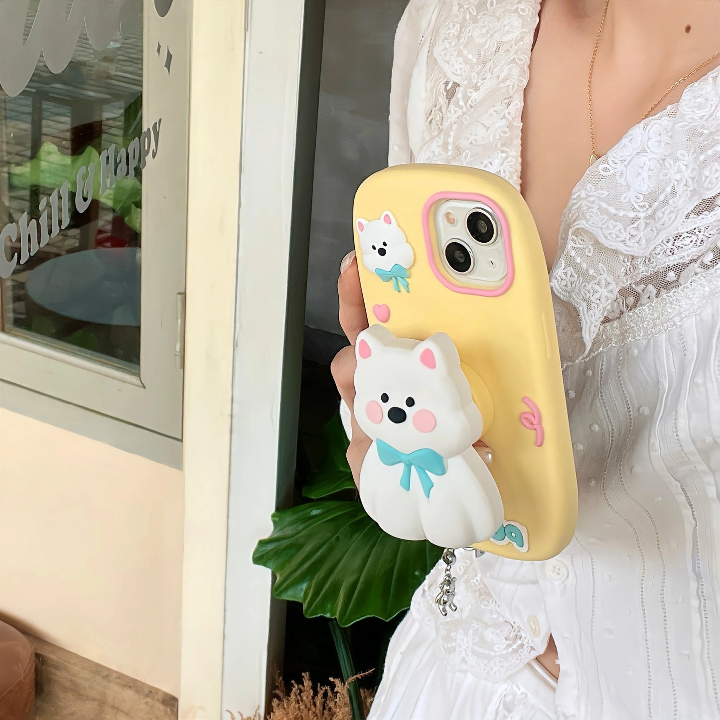 3D Cute Tulips Flower Make Up Mirror Soft Silicone Case for iPhone 15 14 13 12 11 Pro Max Folding Bracket Cherry Puppy Dog Cover