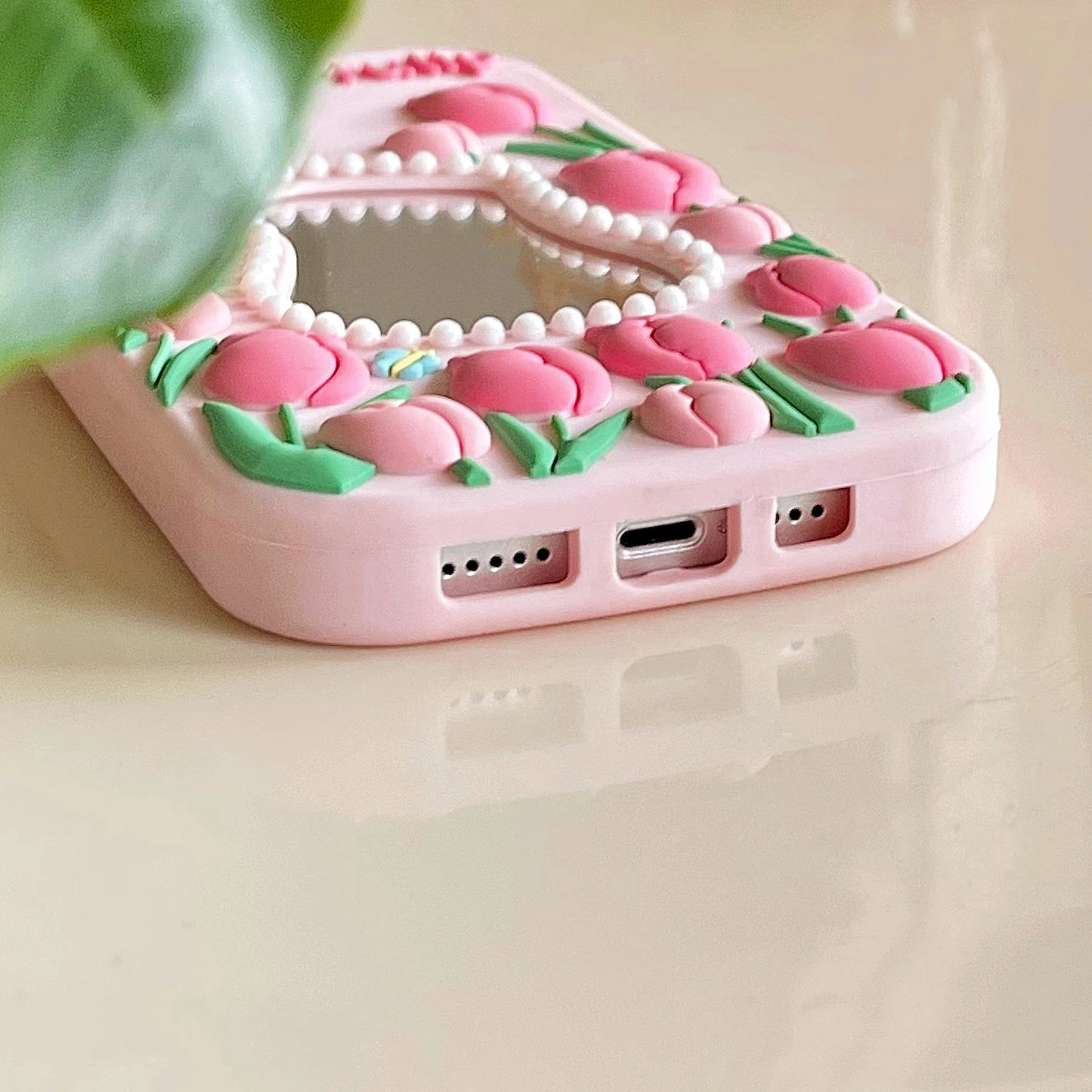 3D Cute Tulips Flower Make Up Mirror Soft Silicone Case for iPhone 15 14 13 12 11 Pro Max Folding Bracket Cherry Puppy Dog Cover