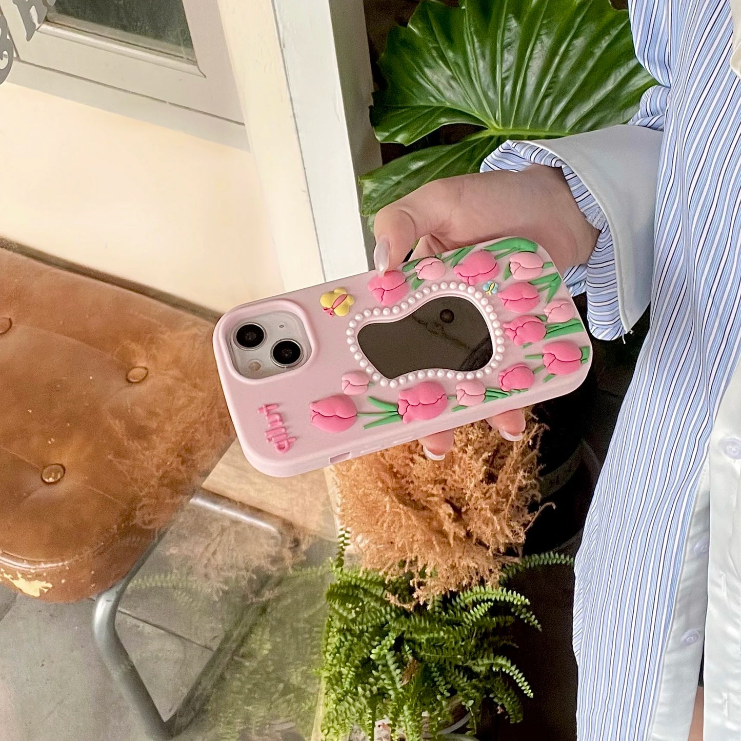 3D Cute Tulips Flower Make Up Mirror Soft Silicone Case for iPhone 15 14 13 12 11 Pro Max Folding Bracket Cherry Puppy Dog Cover