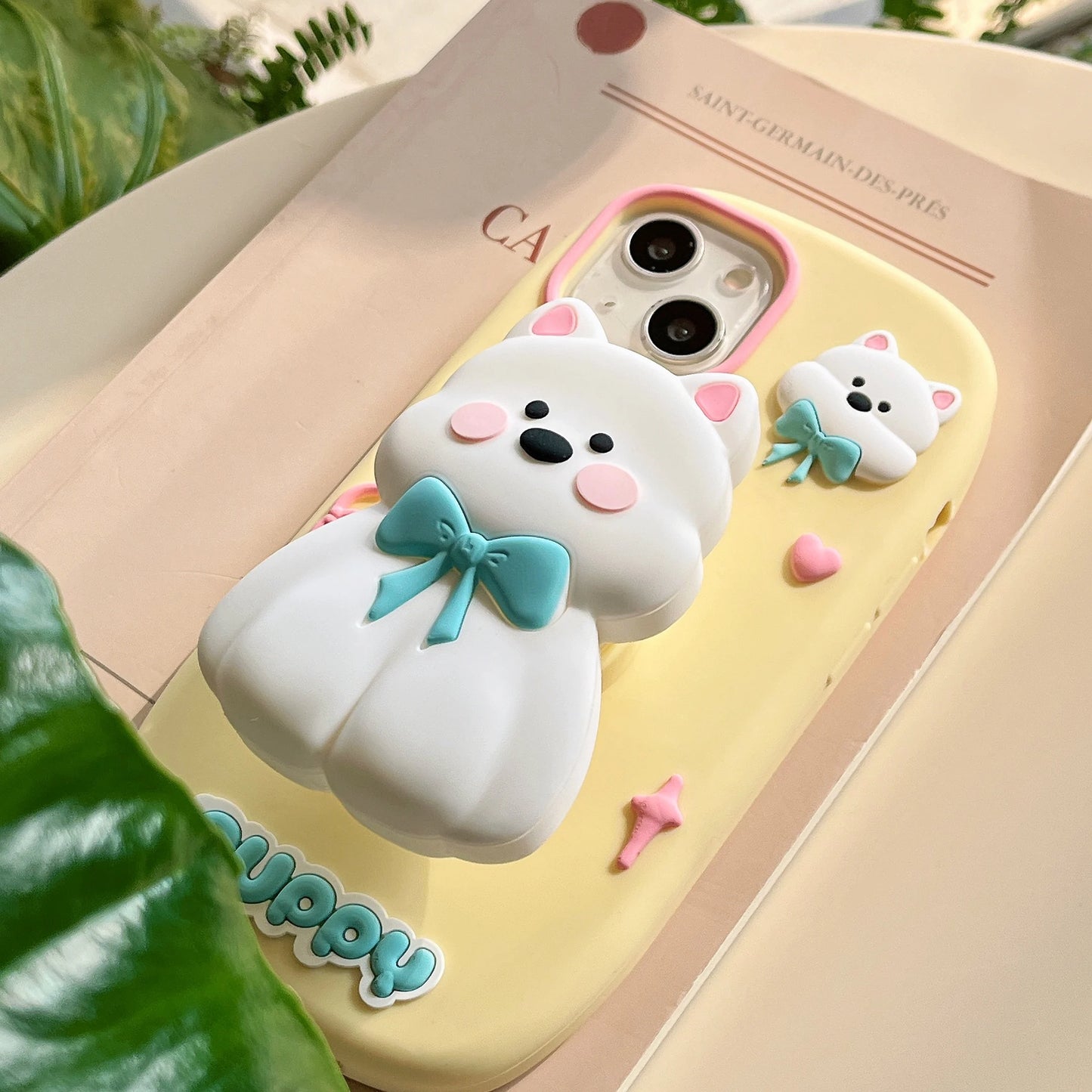 3D Cute Tulips Flower Make Up Mirror Soft Silicone Case for iPhone 15 14 13 12 11 Pro Max Folding Bracket Cherry Puppy Dog Cover
