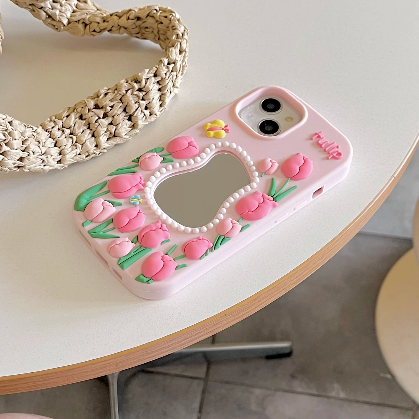 3D Cute Tulips Flower Make Up Mirror Soft Silicone Case for iPhone 15 14 13 12 11 Pro Max Folding Bracket Cherry Puppy Dog Cover