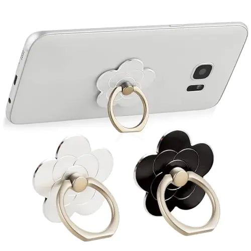 2Pcs Cell Phone Ring Holder Flower Finger Ring Grips Stand 360 Rotate Metal Finger Ring Socket Grip Kickstand Finger Grip Compatible with Various Mobile Phones Tablet and Phone Cases(Silver、Black