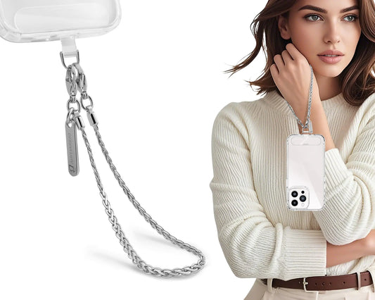 Metal Phone Chain,Hands-Free Cell Phone Chain Detachable Phone Strap Fits for Smartphone,1*Phone Wristlet Strap,2*Cell Phone Tether Tabs (Platinum,Short)